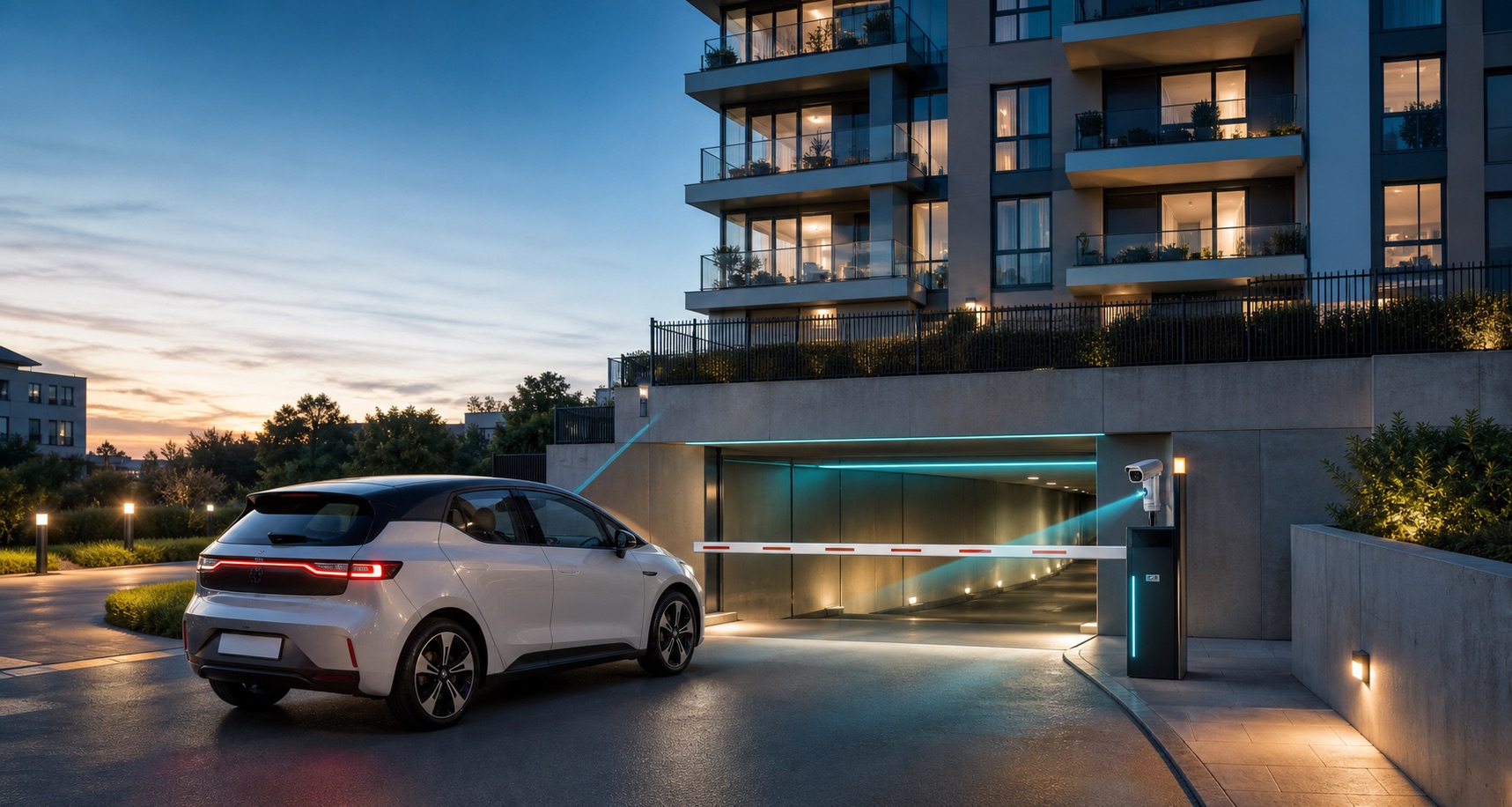 Modern residential parking entrance with vehicle access control